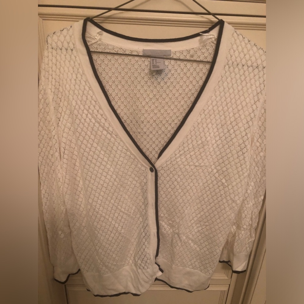 H&M off white open-Knit Button Cardigan with Black Trim M